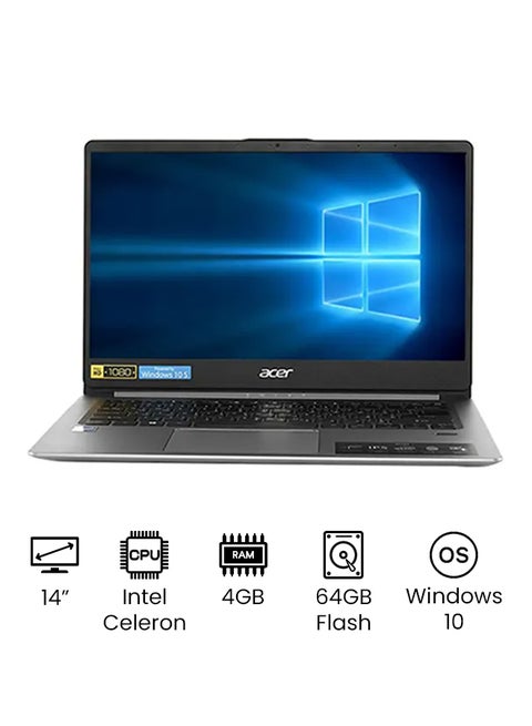Swift 1 Laptop With 14-Inch Display, Intel Celeron Processor/4GB RAM/64GB Flash Memory/Windows 10/Intel UHD Graphics Card With USB Optical Mouse And Cruzer Blade USB Flash Drive Silver English/Arabic Silver