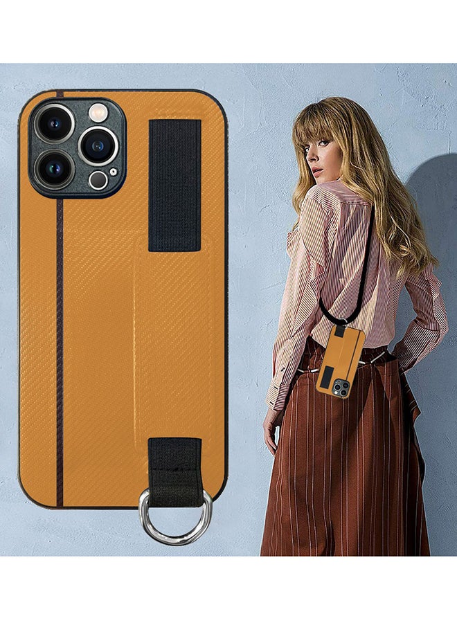 MARGOUN Protective Case Cover With Hand Strap Finger Grip Loop And Card Holder Slot For iPhone 13 Pro Max Mustard Yellow  - Image 4