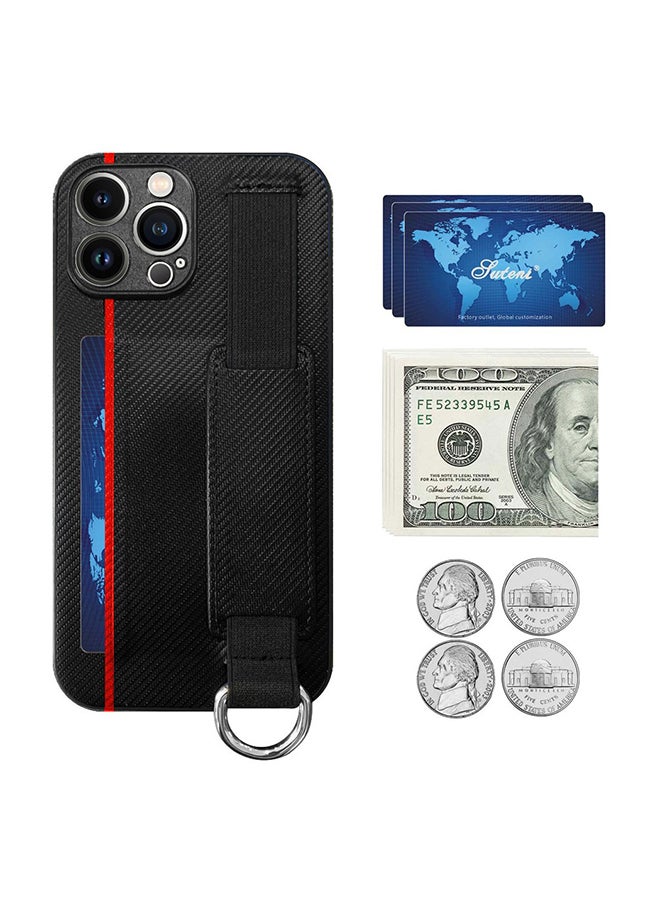 مارجون غطاء حماية واقٍ مزود بحزام يد مع حلقة لقبضة الإصبع وفتحة لحمل البطاقات لهاتف آيفون 13 برو أسود - Image 4