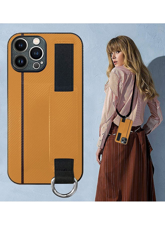 MARGOUN Protective Case Cover With Hand Strap Finger Grip Loop And Card Holder Slot For iPhone 13 Pro Mustard Yellow  - Image 5