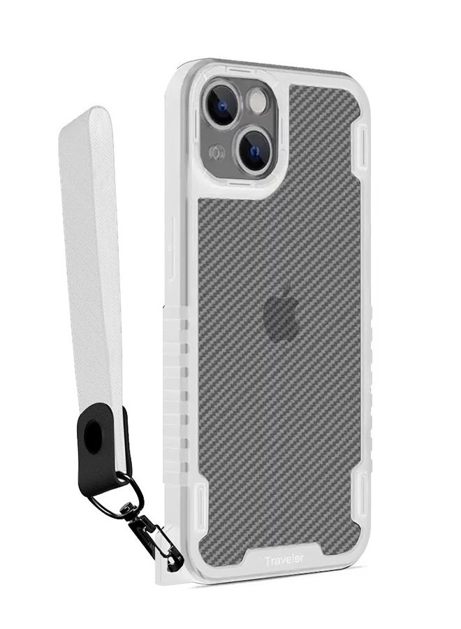 MARGOUN Hybrid Shockproof Traveler Case With Hand Strap Carbon Fiber Pattern Anti Drop Rugged Bumper Cover For iPhone 13 White  - Image 1