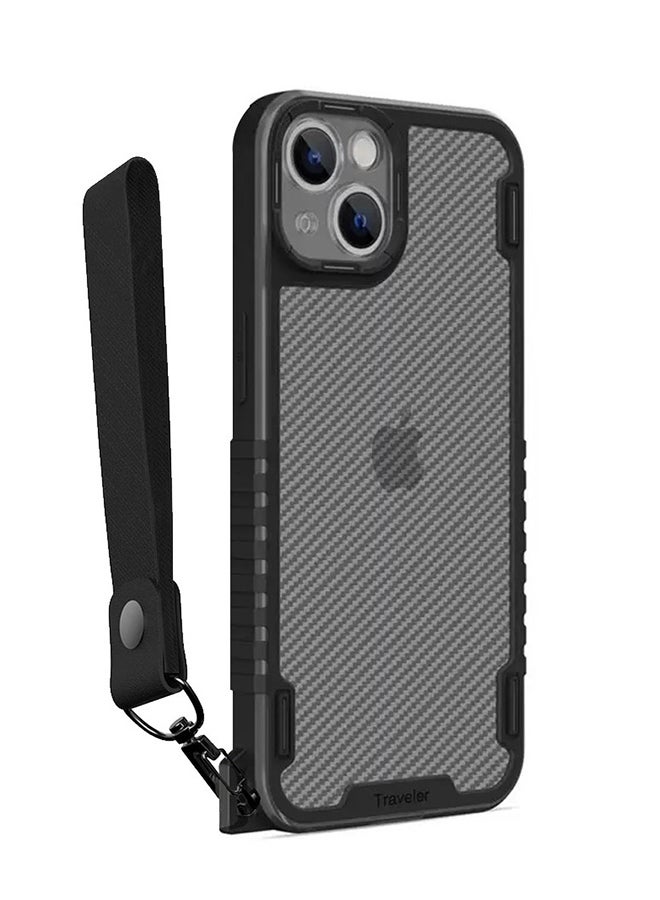 MARGOUN Hybrid Shockproof Traveler Case With Hand Strap Carbon Fiber Pattern Anti Drop Rugged Bumper Cover For iPhone 13 Black - Image 1