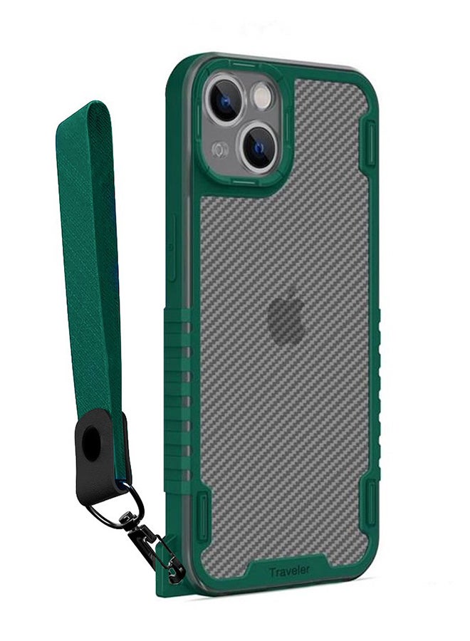 MARGOUN Hybrid Shockproof Traveler Case With Hand Strap Carbon Fiber Pattern Anti Drop Rugged Bumper Cover For iPhone 13 Green - Image 1