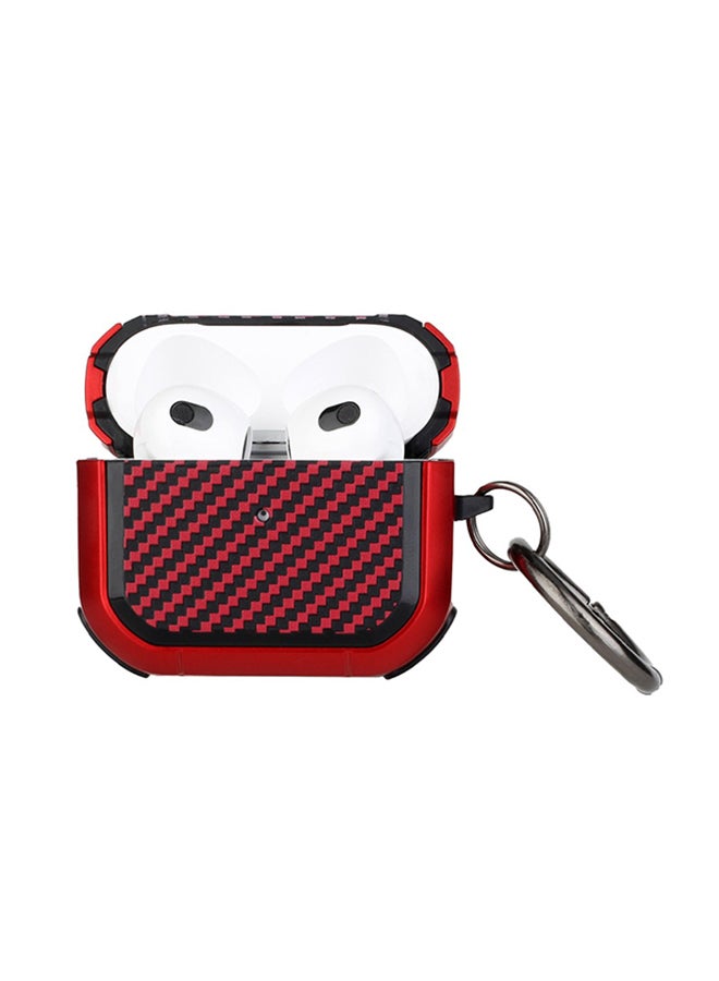 MARGOUN Shockproof Case Carbon Fiber Heavy Duty Cover With Keychain  For Apple AirPods 3 (3rd Generation) Red - Image 2