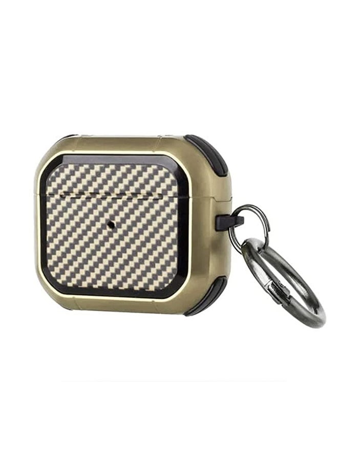 MARGOUN Shockproof Case Carbon Fiber Heavy Duty Cover With Keychain  For Apple AirPods 3 (3rd Generation) Gold 