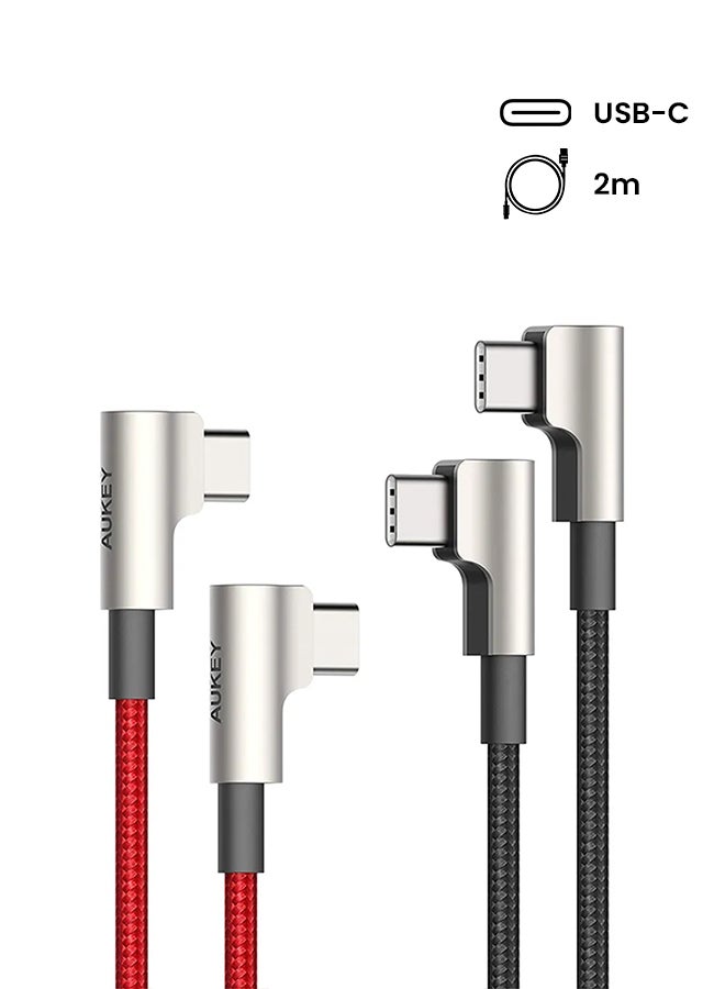 Aukey - 2-Piece Type C To Type C Charging Cable With 90 Degrees Connector Red/Black - Image 1
