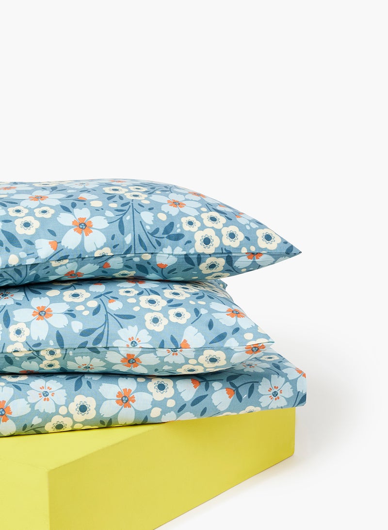 Amal - Fitted Bedsheet Set Queen Size High Quality 100% Cotton Percale 144 TC Light Weight Everyday Use 1 Bed Sheet And 2 Pillow Cases Printed Blue Cotton Blue - Image 1