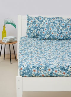Fitted Bedsheet Set Queen Size High Quality 100% Cotton Percale 144 TC Light Weight Everyday Use 1 Bed Sheet And 2 Pillow Cases Printed Blue Cotton Blue