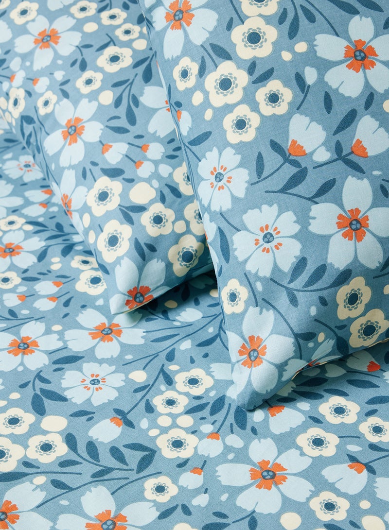 Amal - Fitted Bedsheet Set Queen Size High Quality 100% Cotton Percale 144 TC Light Weight Everyday Use 1 Bed Sheet And 2 Pillow Cases Printed Blue Cotton Blue - Image 1