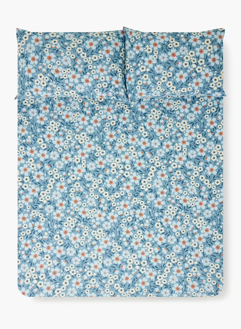 Amal - Fitted Bedsheet Set Queen Size High Quality 100% Cotton Percale 144 TC Light Weight Everyday Use 1 Bed Sheet And 2 Pillow Cases Printed Blue Cotton Blue - Image 1