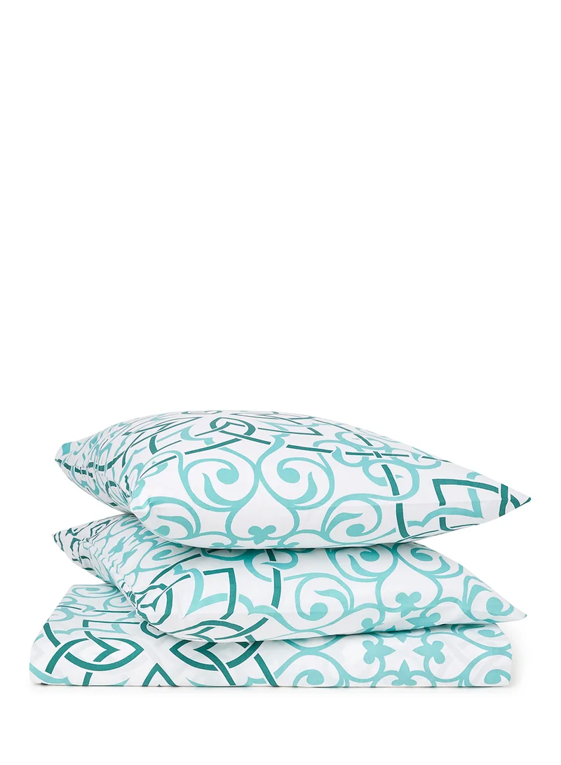Noon East Duvet Cover Set - With 1 Duvet Cover 200X200 Cm And 2 Pillow Cover 50X75 Cm - For Queen Size Mattress - 100% Cotton Percale 180 Thread Count Mint Green/Blue