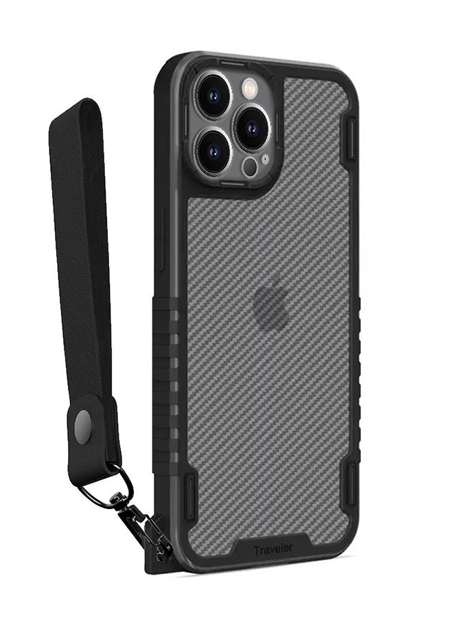 MARGOUN Hybrid Shockproof Traveler Case with Hand Strap Carbon Fiber Pattern Anti Drop Rugged Bumper Cover For iPhone 13 Pro Max Black - Image 1