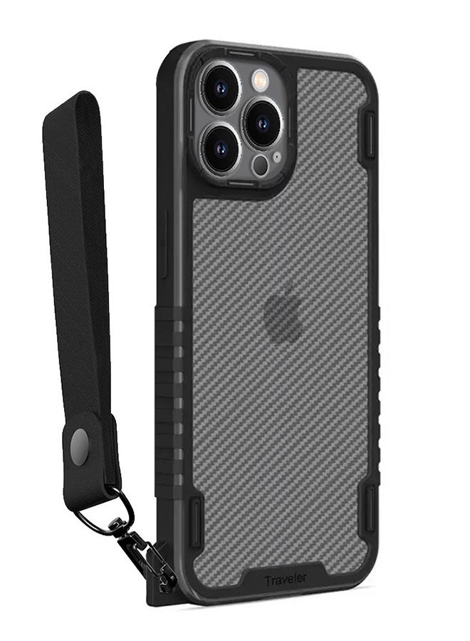 MARGOUN Hybrid Shockproof Traveler Case With Hand Strap Carbon Fiber Pattern Anti Drop Rugged Bumper Cover For iPhone 13 Pro Black  - Image 1