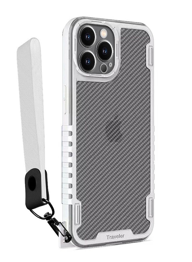 MARGOUN Hybrid Shockproof Traveler Case With Hand Strap Carbon Fiber Pattern Anti Drop Rugged Bumper Cover For iPhone 13 Pro Max White - Image 1