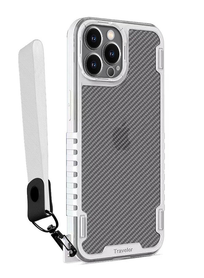 MARGOUN Hybrid Shockproof Traveler Case With Hand Strap Carbon Fiber Pattern Anti Drop Rugged Bumper Cover For iPhone 13 Pro White  - Image 1
