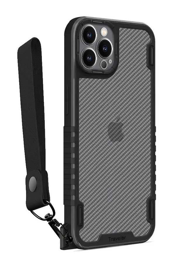 مارجون غطاء حماية ضد الصدمات من عدة مواد مختلفة بنقشة ألياف الكربون للسفر مع حزام لليد وواقيات مقواة ضد السقوط لهاتف آيفون 12 برو أسود - Image 1