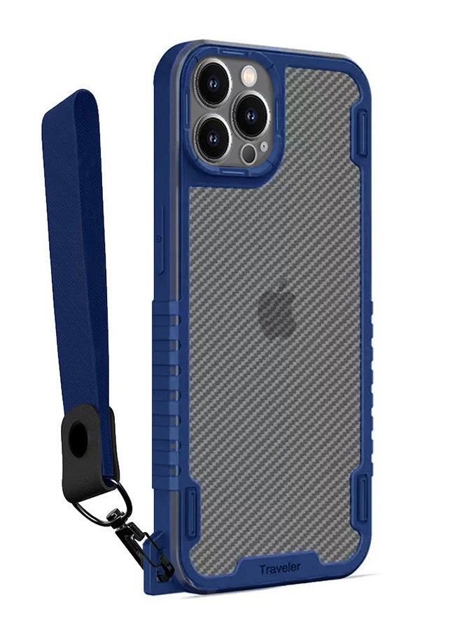 MARGOUN - Hybrid Shockproof Traveler Case with Hand Strap Carbon Fiber Pattern Anti Drop Rugged Bumper Cover For iPhone 12 Pro Blue - Image 1