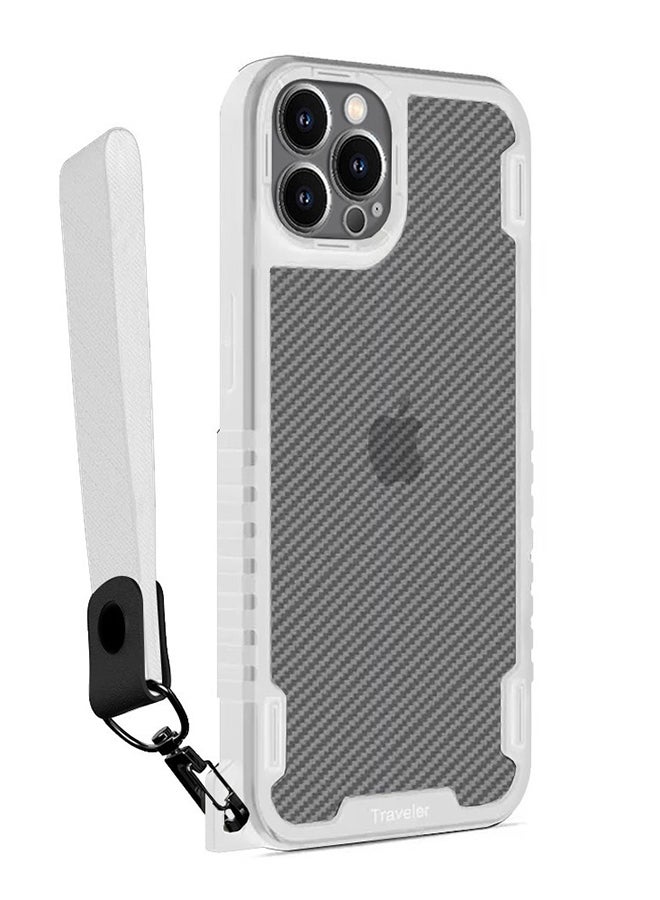 MARGOUN Hybrid Shockproof Traveler Case with Hand Strap Carbon Fiber Pattern Anti Drop Rugged Bumper Cover For iPhone 12 Pro White  - Image 1