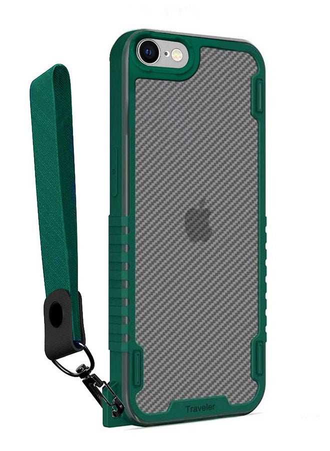 MARGOUN Hybrid Shockproof Traveler Case with Hand Strap Carbon Fiber Pattern Anti Drop Rugged Bumper Cover For iPhone 7/8/SE (2020/2022) Green  - Image 1