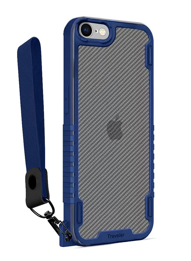 MARGOUN Hybrid Shockproof Traveler Case with Hand Strap Carbon Fiber Pattern Anti Drop Rugged Bumper Cover For iPhone 7/8/SE (2020/2022) Blue - Image 1