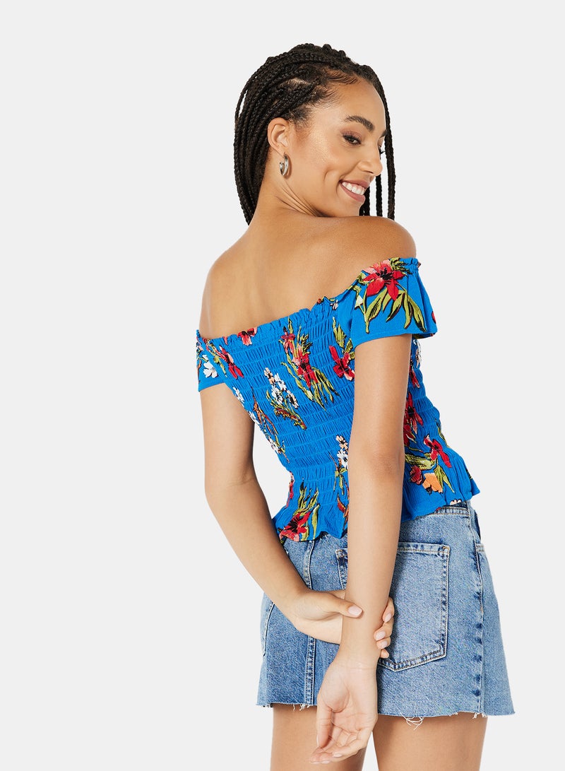 NEW LOOK Floral Print Shirred Top Blue - Image 2