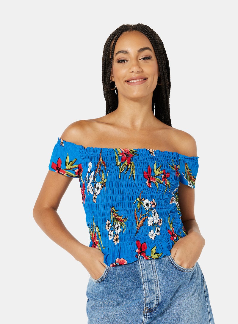 NEW LOOK Floral Print Shirred Top Blue - Image 1