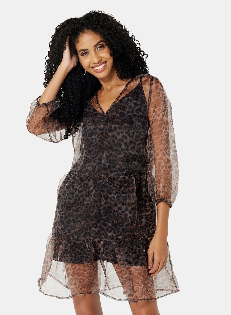 NOISY MAY - Leopard Print Organza Dress Brown - Image 1