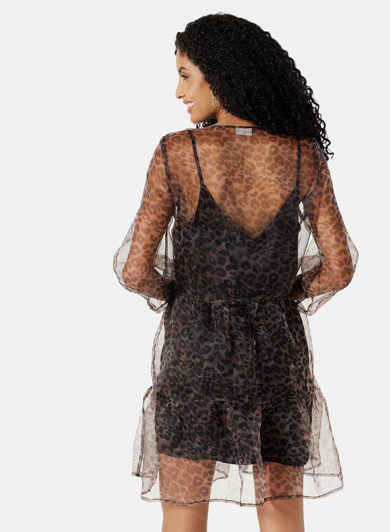 NOISY MAY - Leopard Print Organza Dress Brown - Image 1