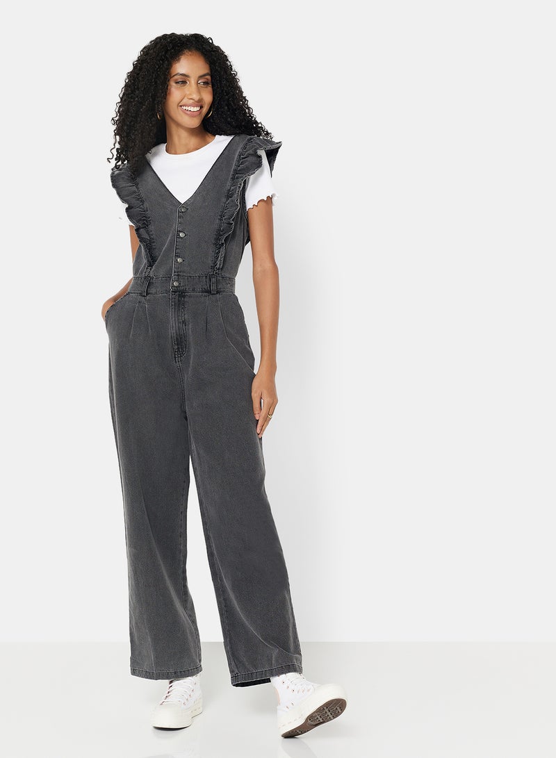 NOISY MAY Ruffled Denim Jumpsuit Black - Image 1