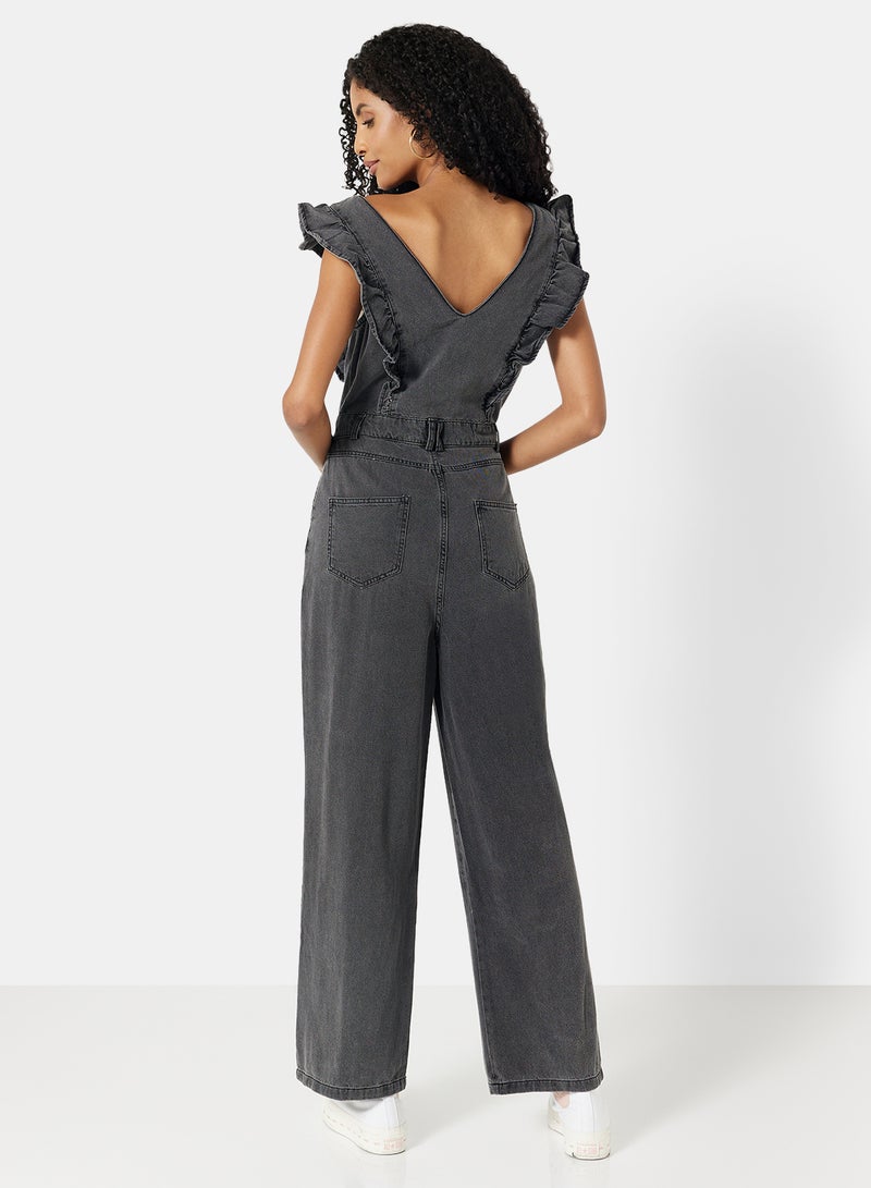 NOISY MAY Ruffled Denim Jumpsuit Black - Image 2