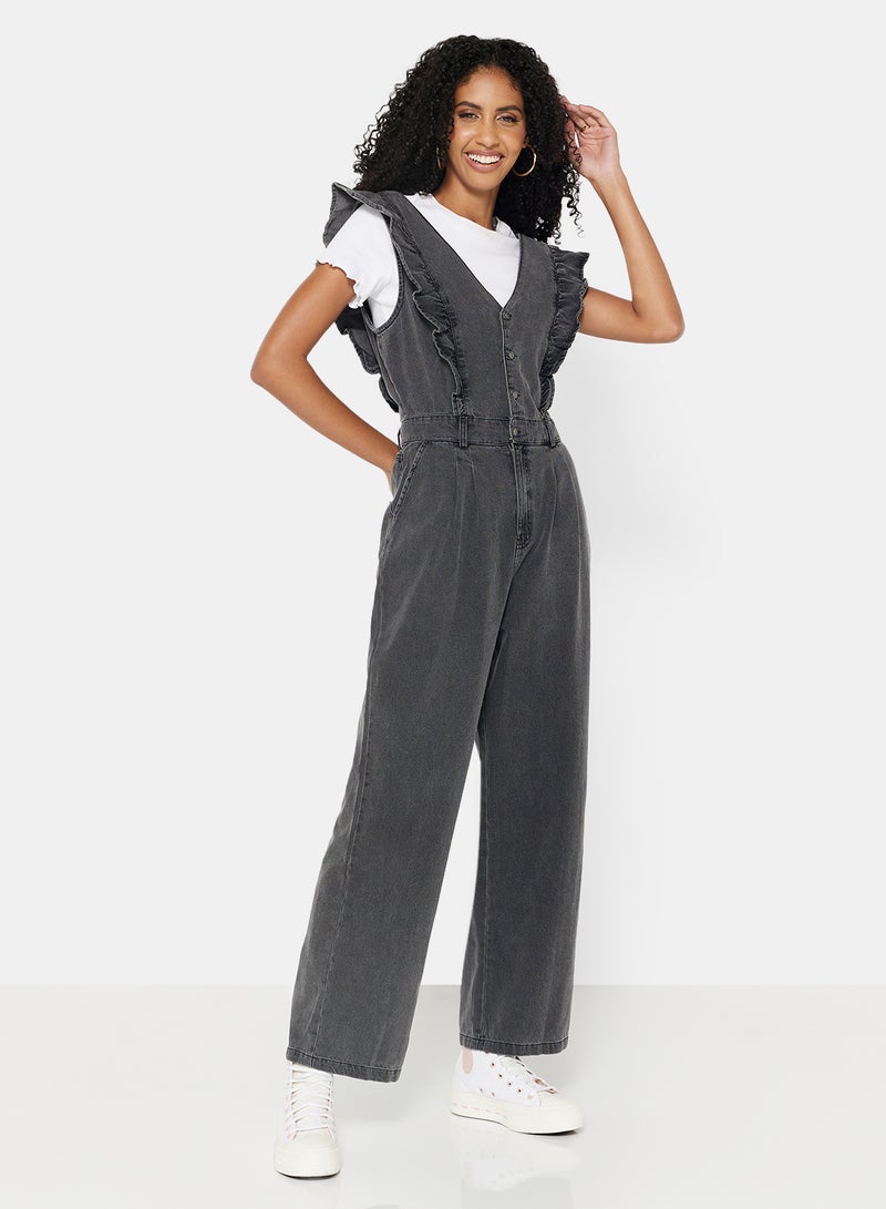 NOISY MAY Ruffled Denim Jumpsuit Black - Image 3