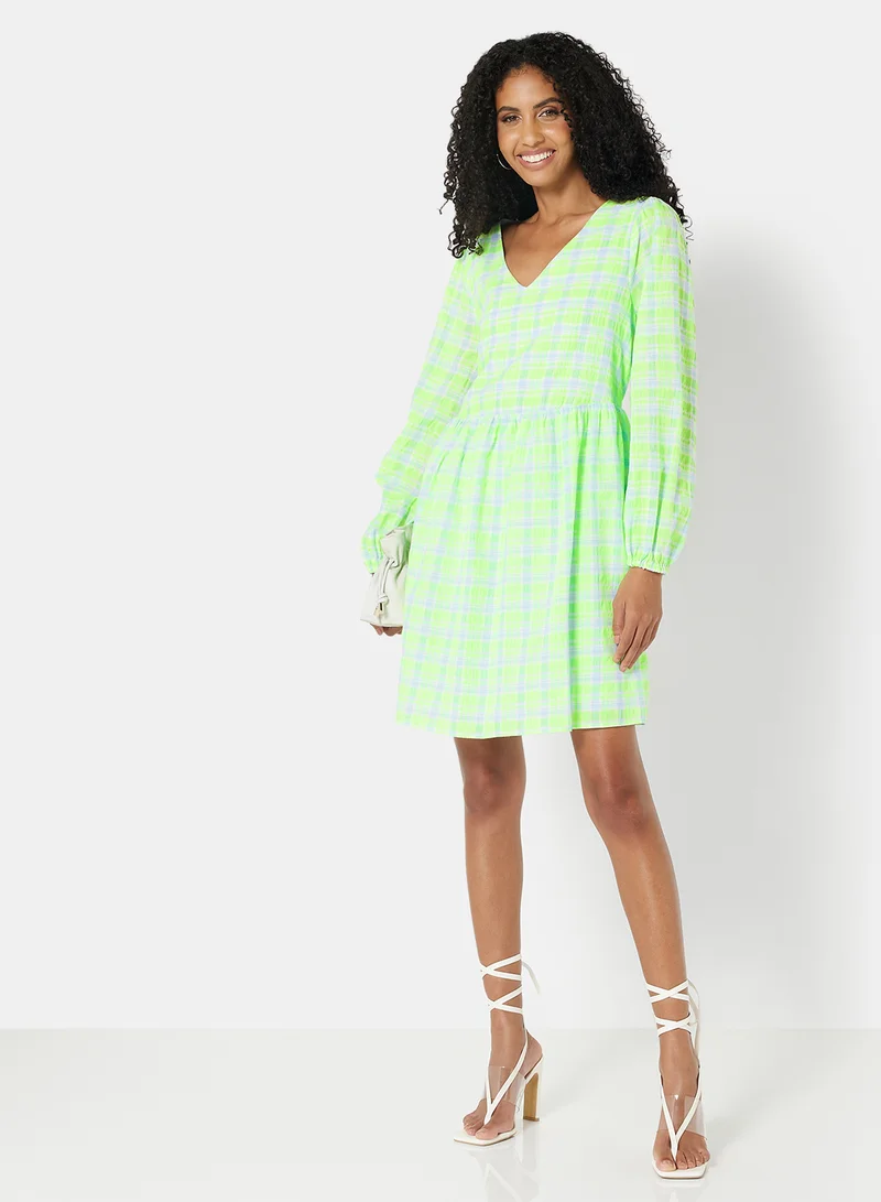NOISY MAY Plaid V-Neck Dress Green