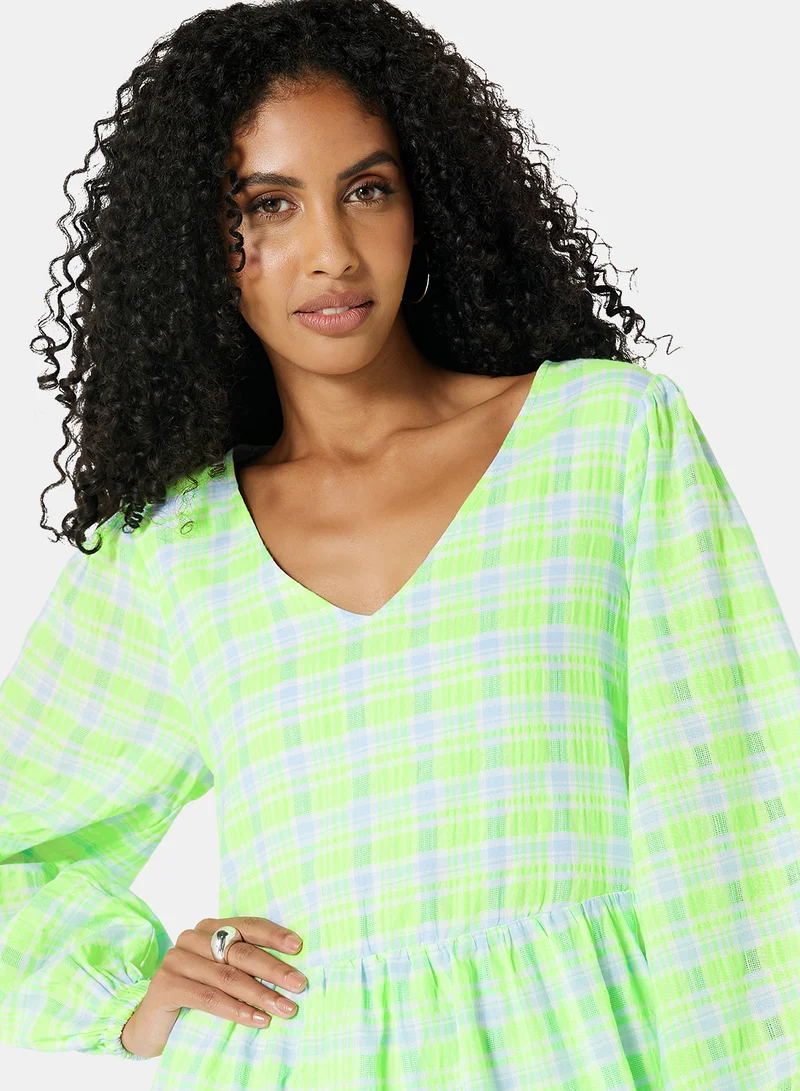 NOISY MAY Plaid V-Neck Dress Green