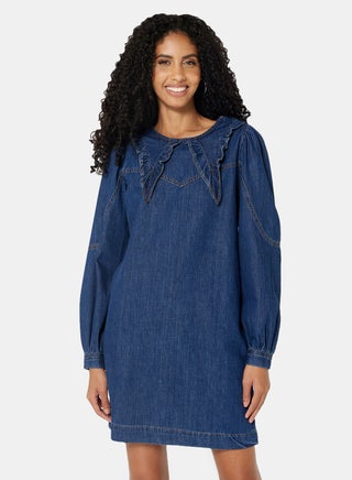 Oversized Collar Denim Dress Dark Blue