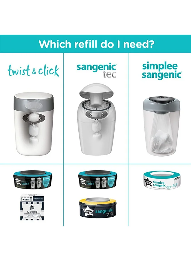 tommee tippee Twist and Click Advanced Nappy Bin, Eco-Friendlier System, Includes 1x Refill Cassette with Sustainably Sourced Antibacterial GREENFILM, Blue