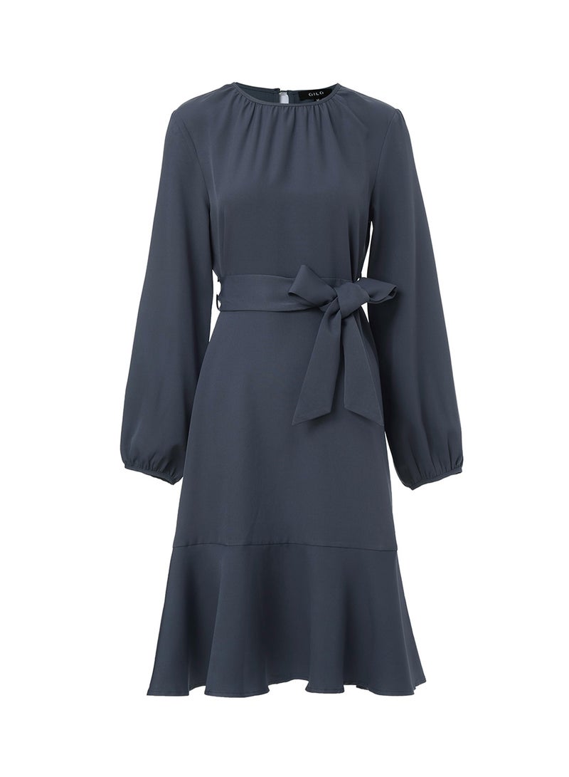 Aila Casual Cross Round Neck Long Sleeve Belted Knee Length Dress Dusty Blue - Image 1