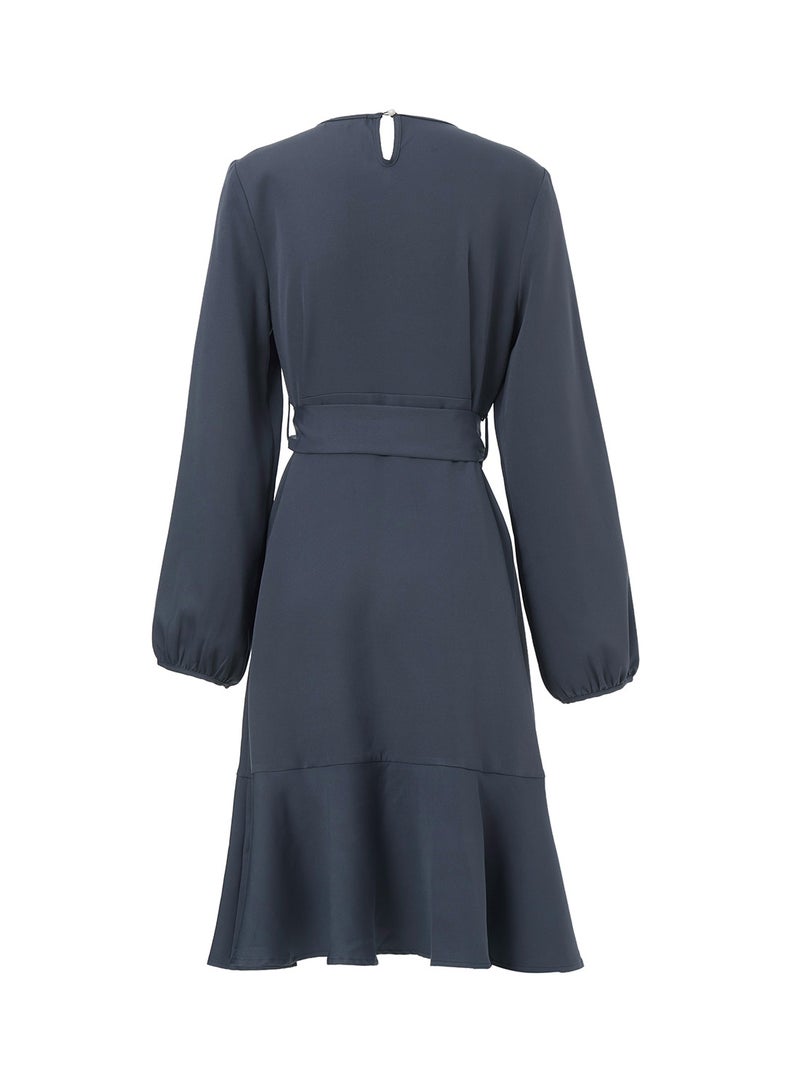 Aila Casual Cross Round Neck Long Sleeve Belted Knee Length Dress Dusty Blue - Image 2