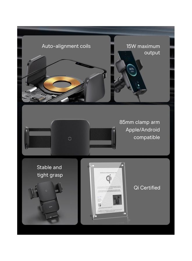 Baseus - Wireless Car Charger, 15W Fast Charging Auto Clamping Car Charger Phone Mount Phone Holder fit for iPhone 14 13 12 11 Pro Max Xs, Samsung Galaxy S23 Ultra S22 S21 S20, S10+ S9+ Note 9, Etc Black - Image 1