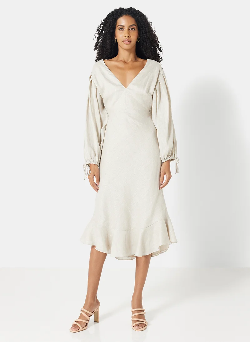 Keepsake Balloon Sleeve Printed Dress Beige