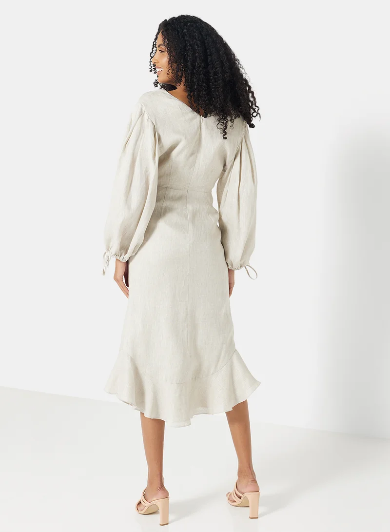 Keepsake Balloon Sleeve Printed Dress Beige