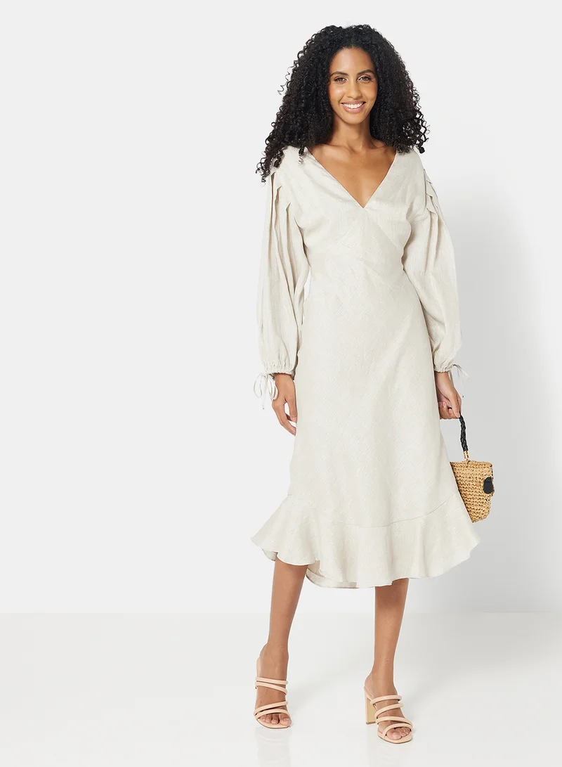 Keepsake Balloon Sleeve Printed Dress Beige