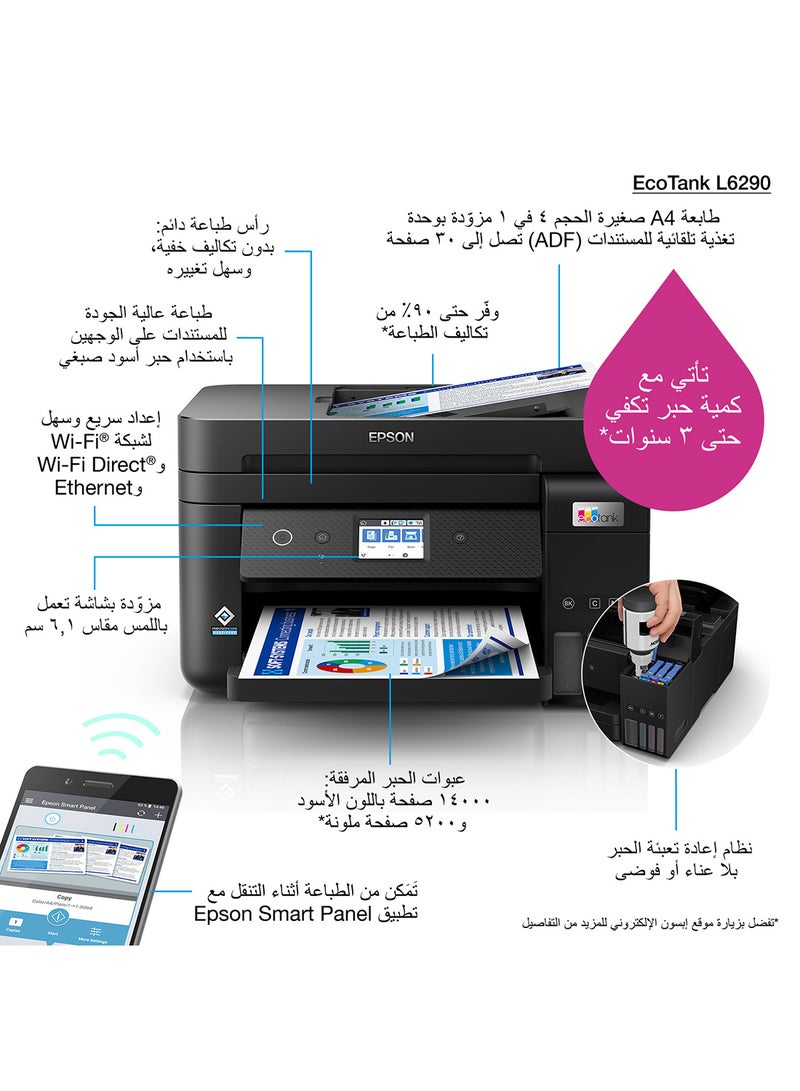 إبسون - طابعة إيكوتانك الملونة L6290 المكتبية بخزان حبر ومقاس A4 بتصميم 4 في 1 مع ملقم مستندات آلي واتصال بتطبيق سمارت بانيل وشاشة LCD أسود - Image 1