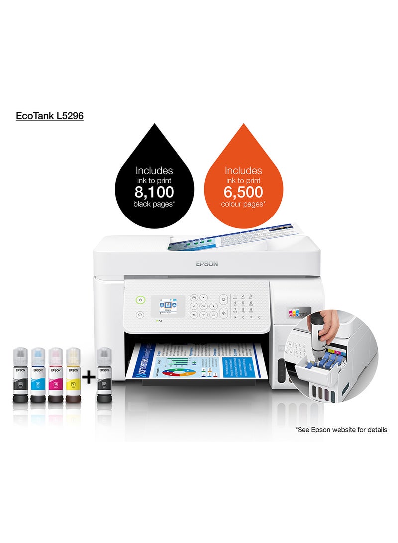 EPSON - Ecotank L5296 Office Ink Tank Printer, Print, Scan, Copy, Fax, 180 Nozzles Black & 59 Nozzles per Color, Up to 5760 x 1440 DPI Resolution, Epson Micro Piezo Print Head White - Image 1