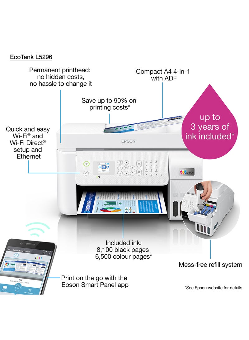 EPSON - Ecotank L5296 Office Ink Tank Printer, Print, Scan, Copy, Fax, 180 Nozzles Black & 59 Nozzles per Color, Up to 5760 x 1440 DPI Resolution, Epson Micro Piezo Print Head White - Image 1