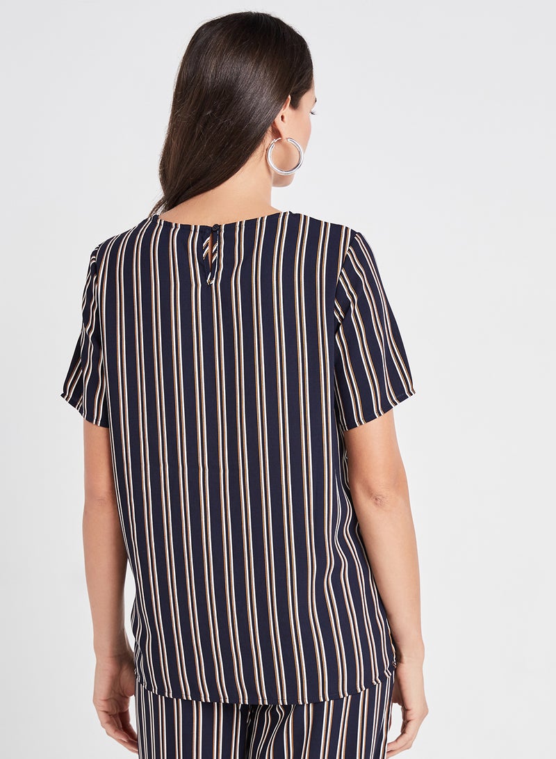 R&B Striped Top With Round Neck And Short Sleeves Navy Blue  - Image 2