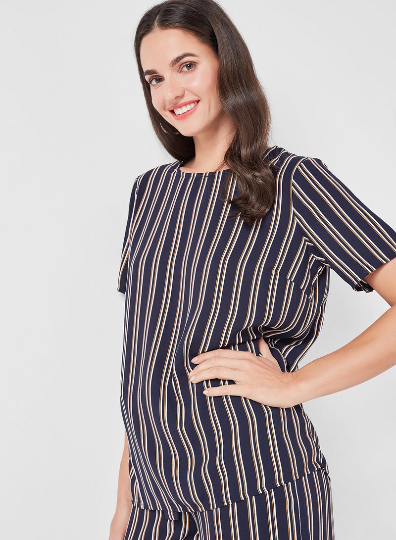 R&B Striped Top With Round Neck And Short Sleeves Navy Blue  - Image 1