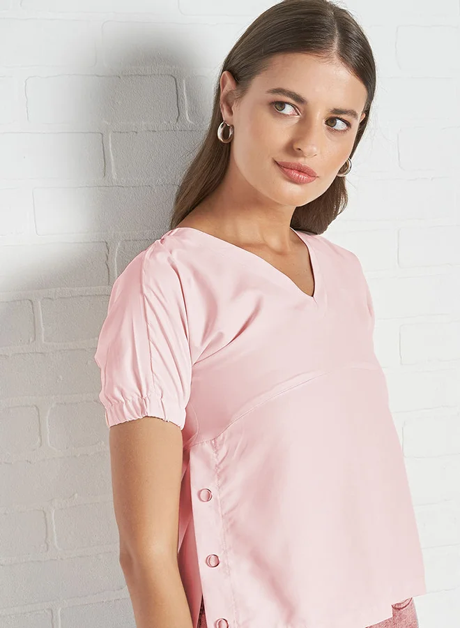 Aila V-Neck Casual Top Pink