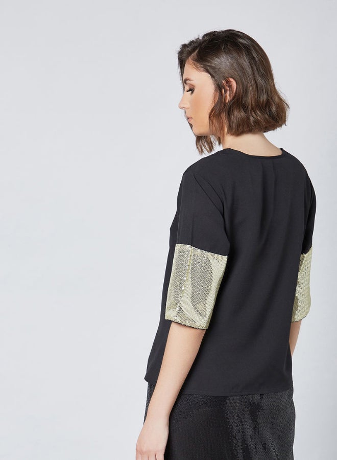 Aila Round Neck Short Sleeve Top Black Solid - Image 2