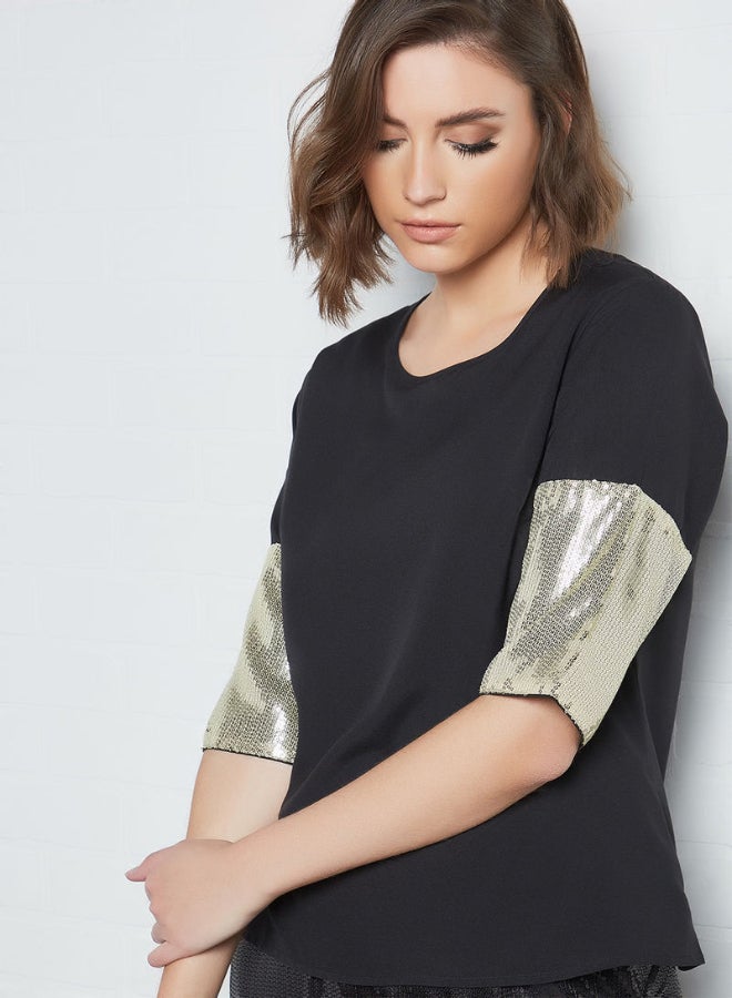 Aila Round Neck Short Sleeve Top Black Solid - Image 4