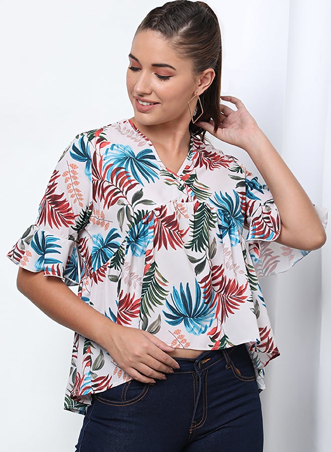 Aila Fashionable Floral V-Neck Blouse Top Beige  - Image 1
